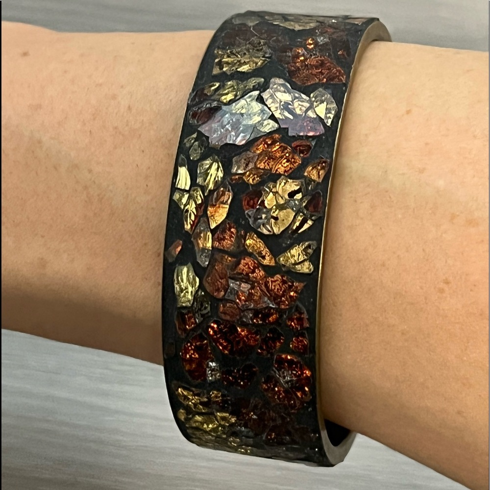 Vintage Mosaic Bangle Bracelet, Brown, Red, Gold, Tan, Boho